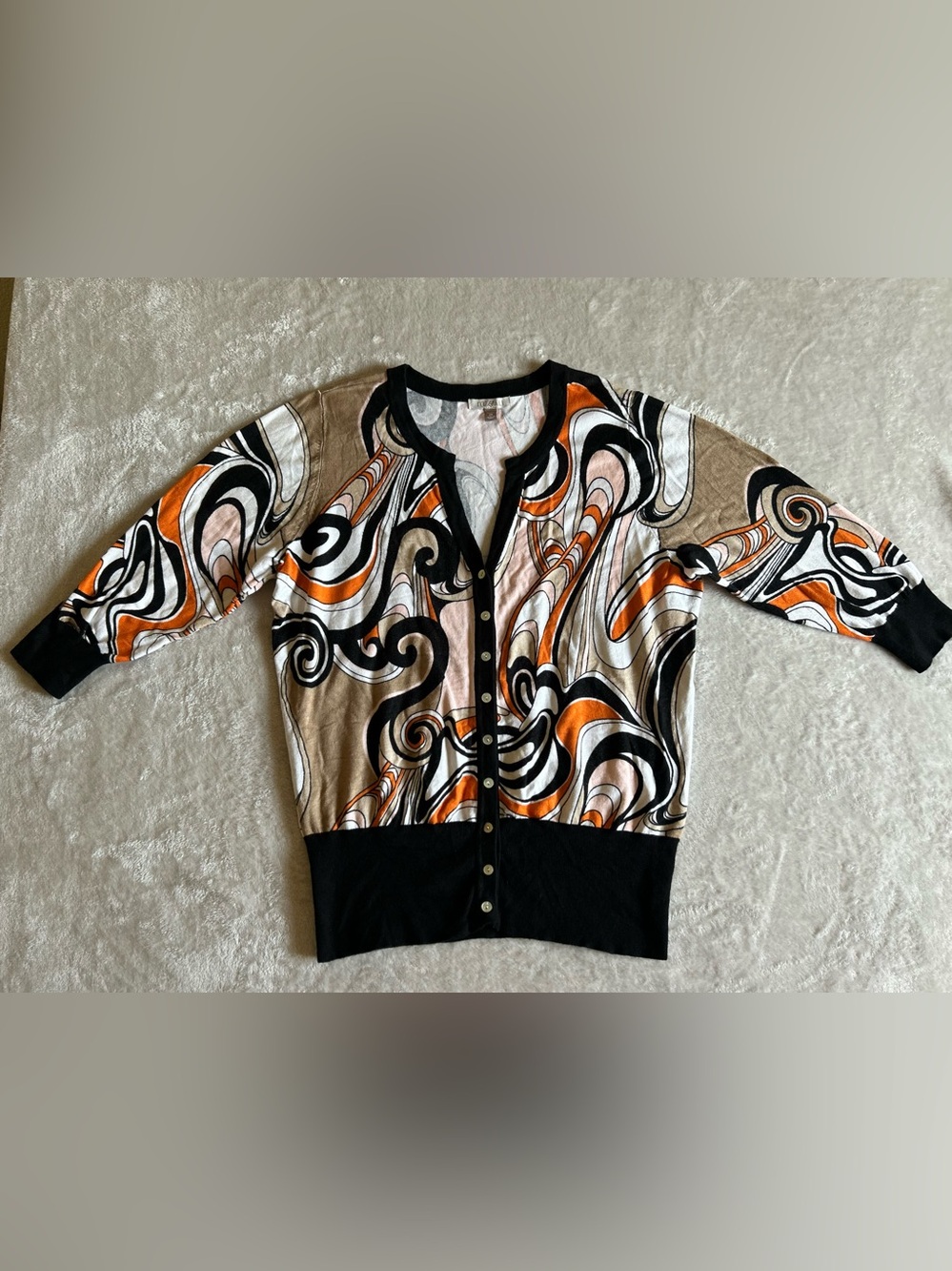 Roz & Ali Abstract Swirl Print button up 3/4 sleeve Cardigan